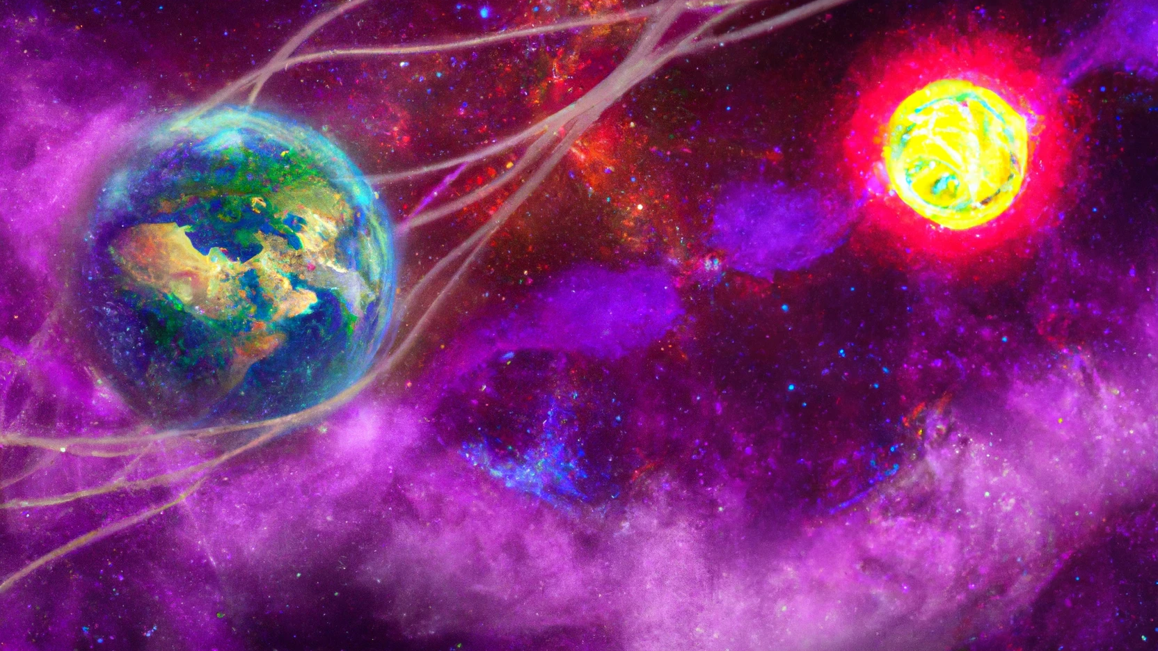 striking digital illustration of the earth and sun tangled in strings in a colorful nebula - Generated by Dall-E 2