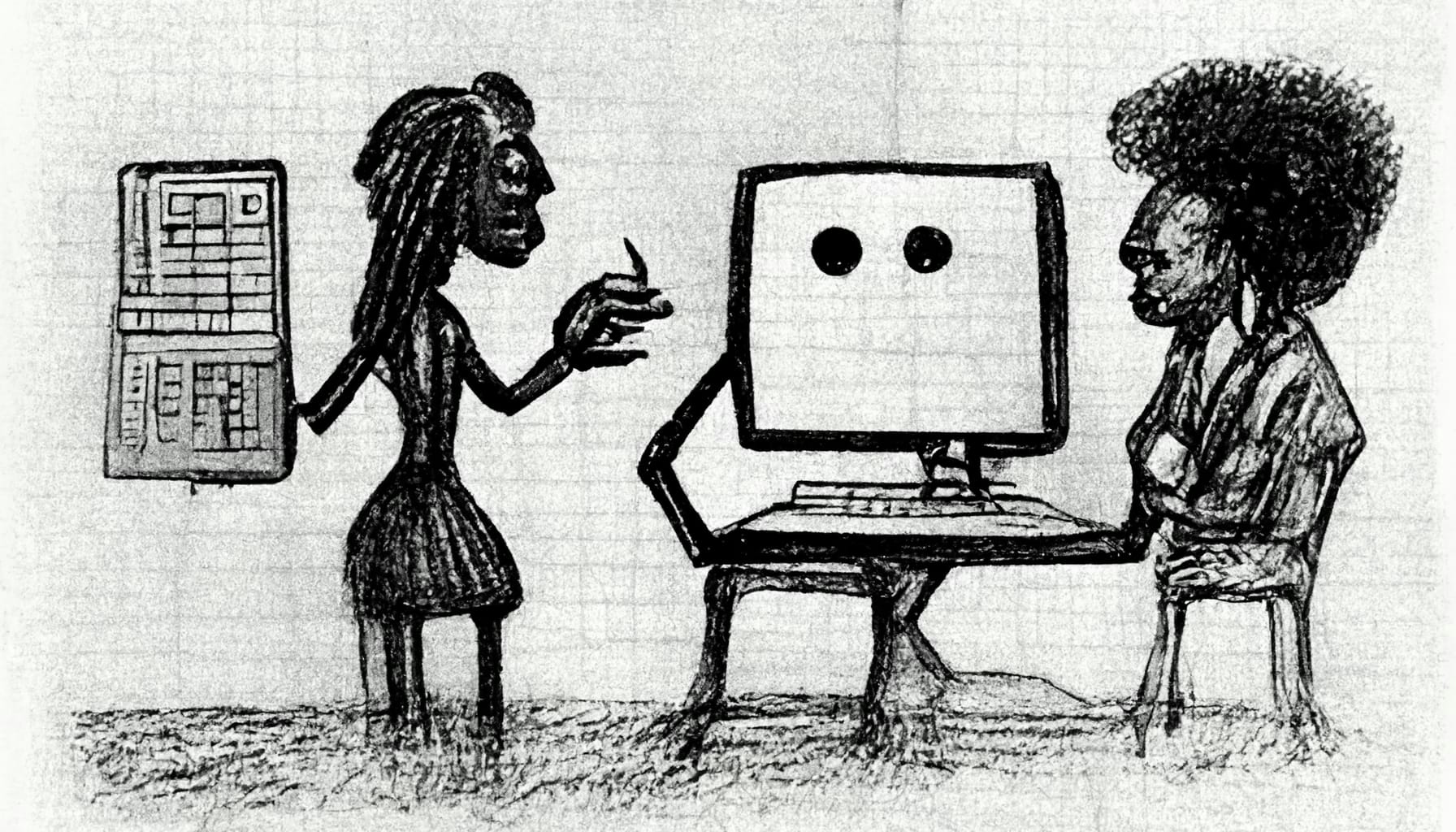 a generated drawing of two people engaged in a conversation