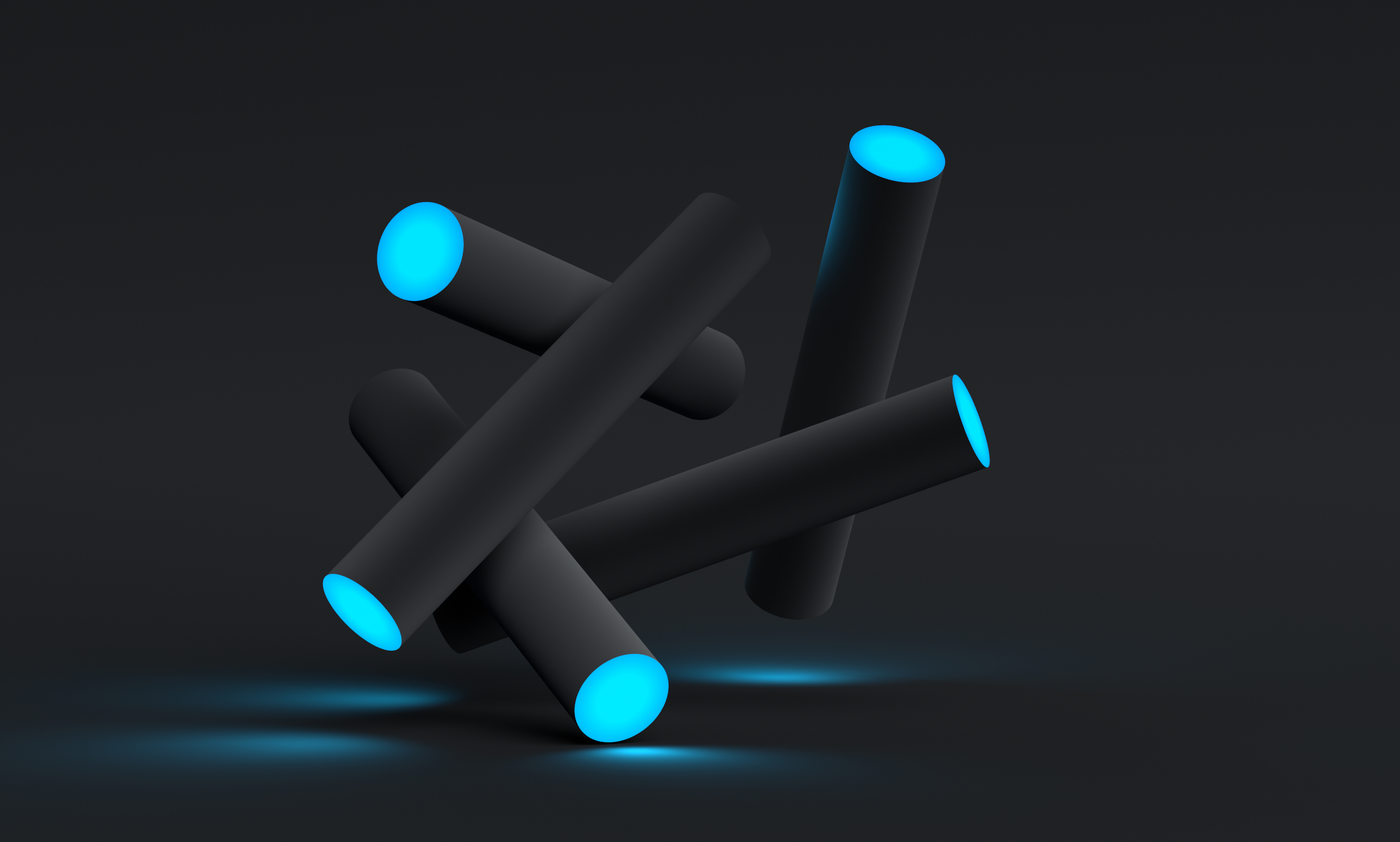 a cluster or black pipes with glowing blue ends on a dark background.