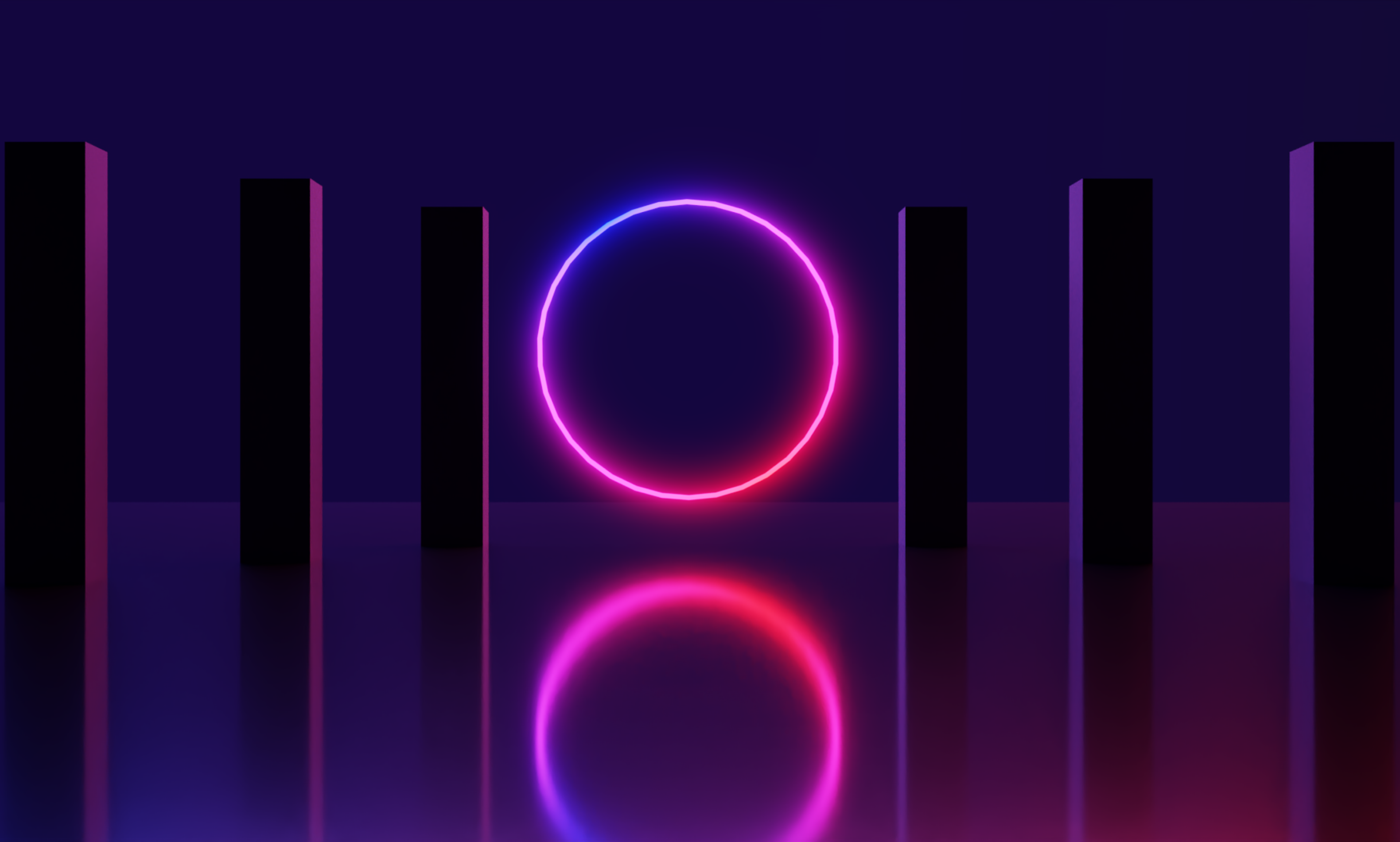 Glowing ring with adjacent pillars reflecting on a smooth surface.