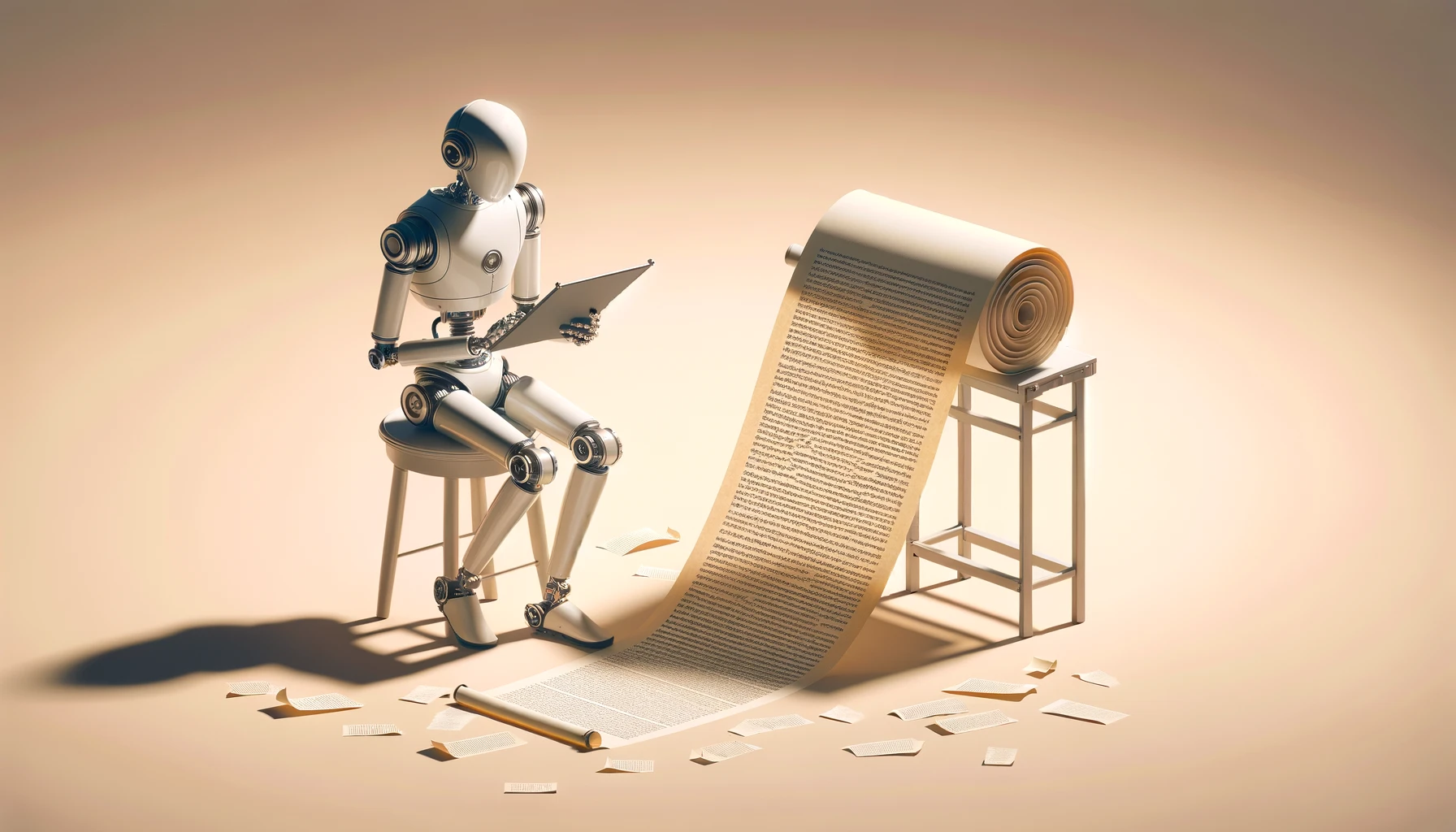 Minimalist 2:1 aspect ratio image depicting a sleek, modern-designed robot seated on a stool, engrossed in reading a long, unrolled scroll. The robot is surrounded by scattered scraps of paper, emphasizing its deep engagement with the content. The scene is set against a uniform, solid-colored background, creating a stark, uncluttered look that highlights the robot and its activity.